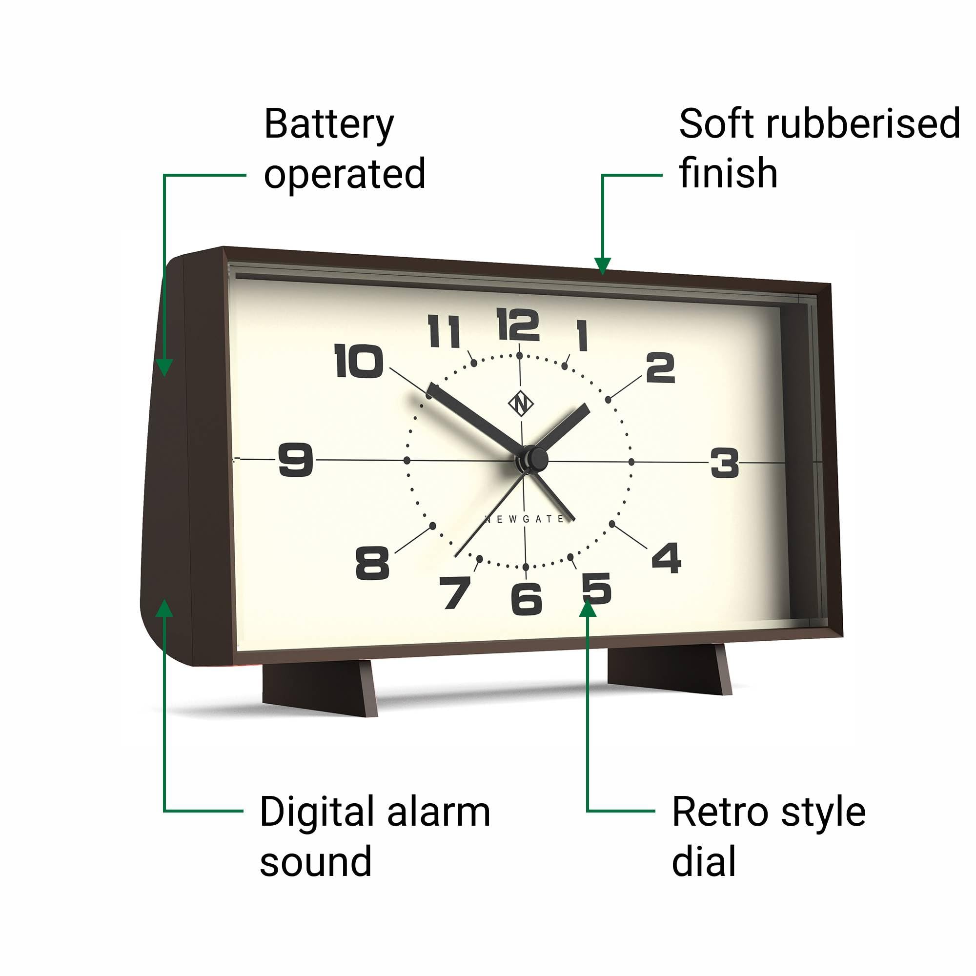 NEWGATE® Wideboy Alarm Clock | Rectangular Retro Design | Pumpkin Orange | Mid-Century dial | Ideal for Bedside, Desk, Mantel or Shelf | Retro Bedroom & Office Accessory