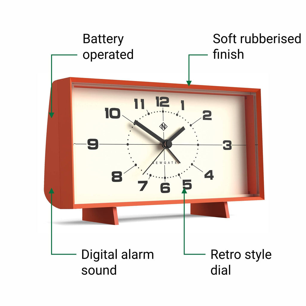 NEWGATE® Wideboy Alarm Clock | Rectangular Retro Design | Pumpkin Orange | Mid-Century dial | Ideal for Bedside, Desk, Mantel or Shelf | Retro Bedroom & Office Accessory