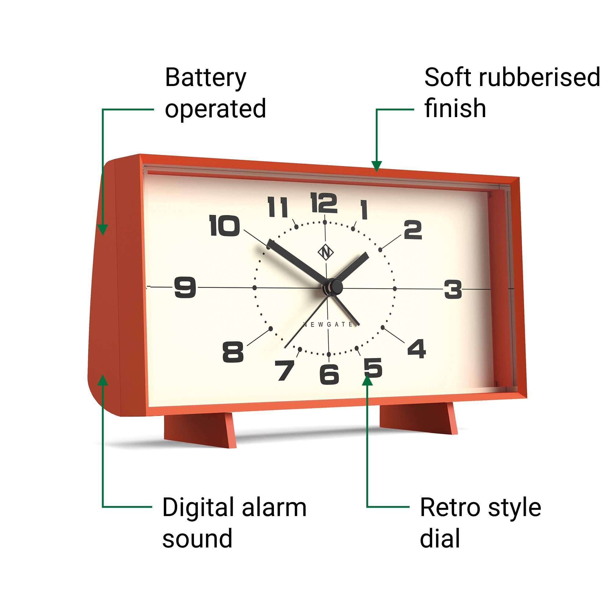 NEWGATE® Wideboy Alarm Clock | Rectangular Retro Design | Pumpkin Orange | Mid-Century dial | Ideal for Bedside, Desk, Mantel or Shelf | Retro Bedroom & Office Accessory