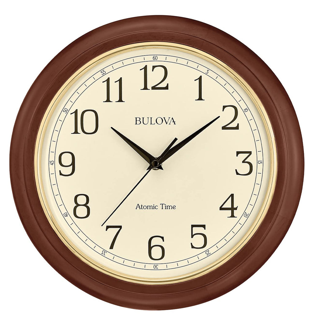 Bulova Atomic Time 2 Analog Wall Clock C5004 | 12.4" Wooden Frame, Sets Time Automatically | Quartz Movement | Battery Operated | Classic Design