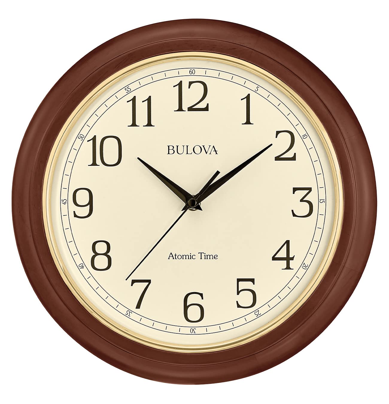 Bulova Atomic Time 2 Analog Wall Clock C5004 | 12.4" Wooden Frame, Sets Time Automatically | Quartz Movement | Battery Operated | Classic Design