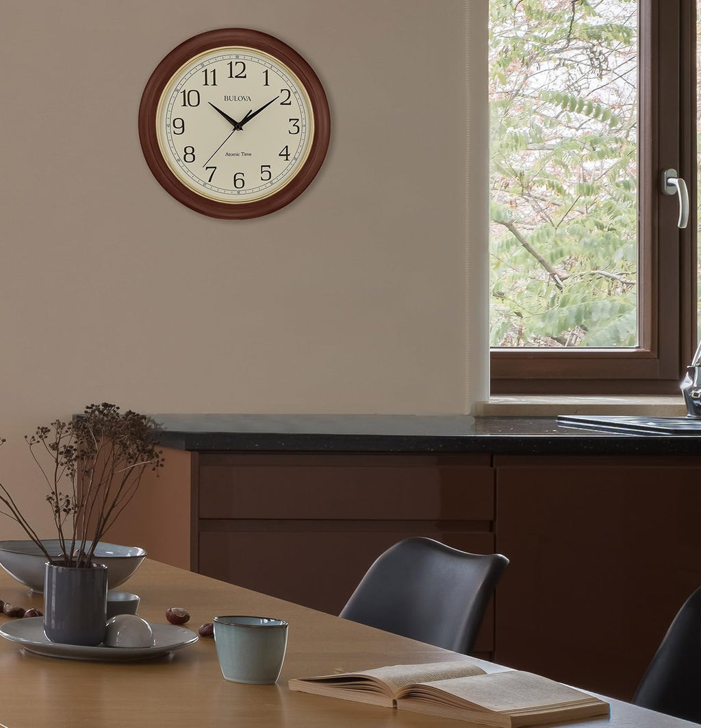Bulova Atomic Time 2 Analog Wall Clock C5004 | 12.4" Wooden Frame, Sets Time Automatically | Quartz Movement | Battery Operated | Classic Design