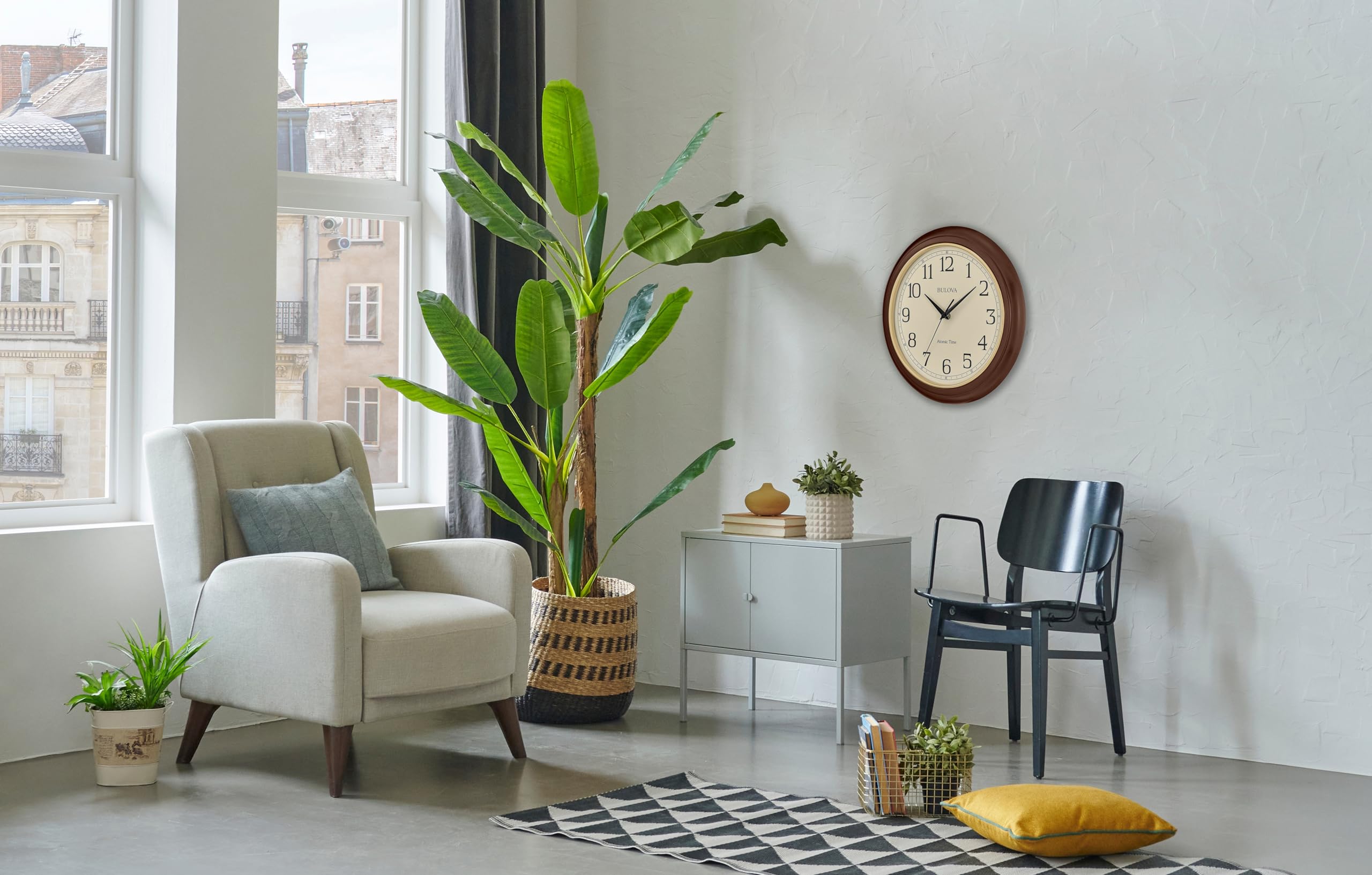 Bulova Atomic Time 2 Analog Wall Clock C5004 | 12.4" Wooden Frame, Sets Time Automatically | Quartz Movement | Battery Operated | Classic Design